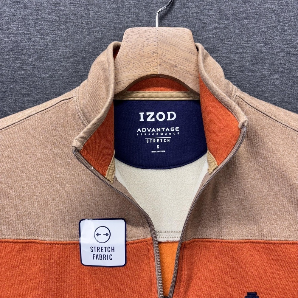 IZOD Sweatshirt Mens Small Camel Orange Navy Colorblock 1/4 Zip Stretch Fleece - Picture 8 of 13